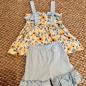 Girls Floral Sunflower Top & Light Blue Ruffle Shorts Set
